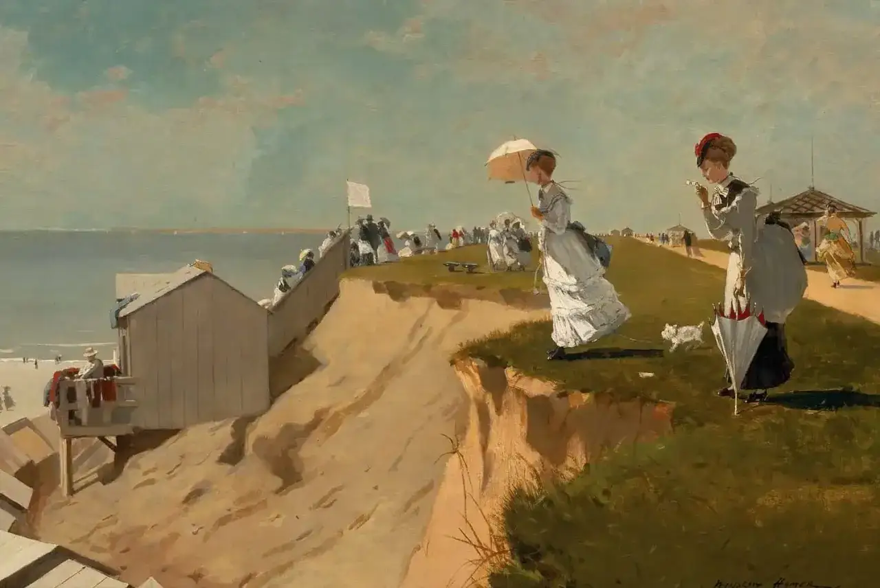 A scene of american realism art depicting women with parasols and a dog on a cliff overlooking a beach.