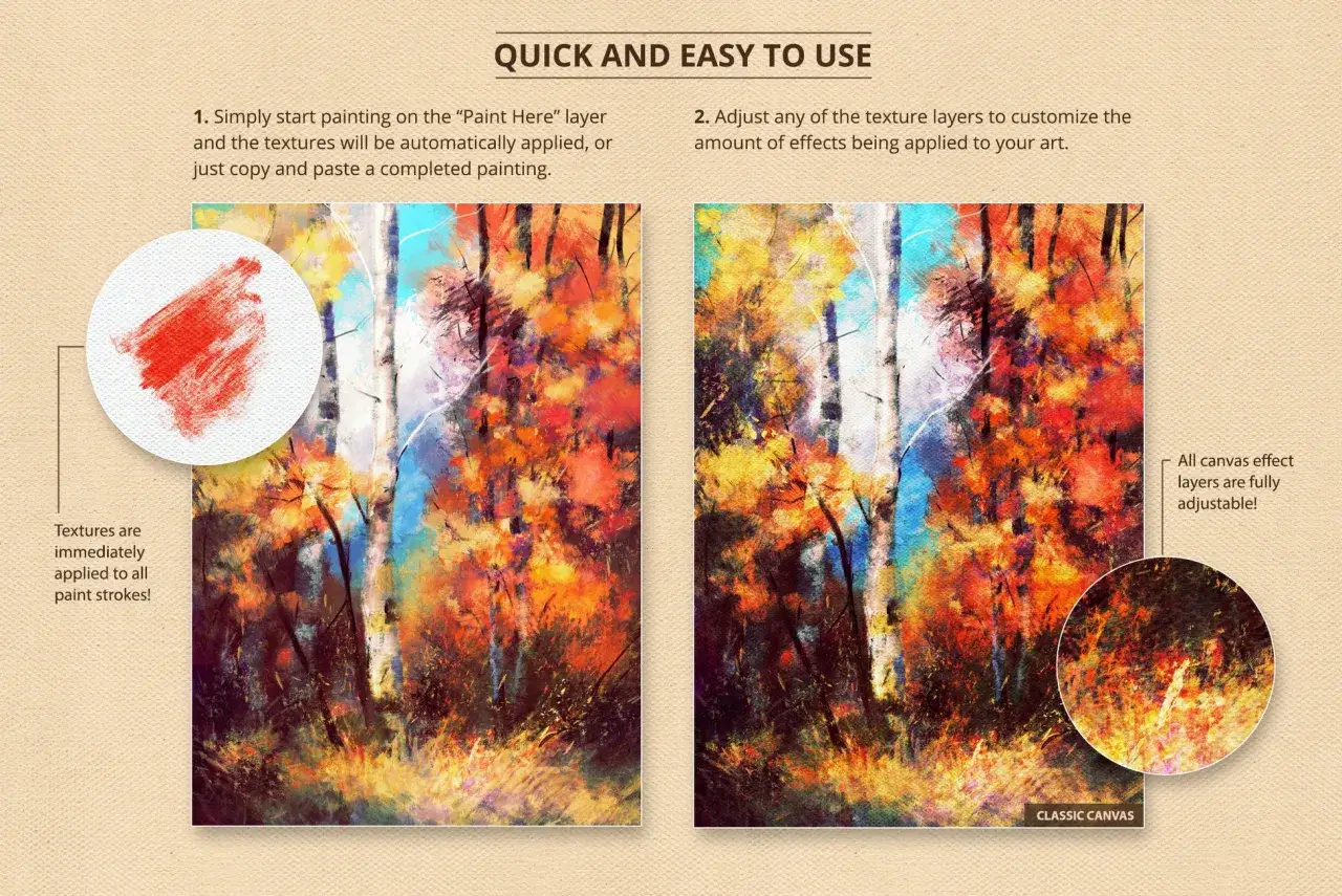 Demonstrates visual literacy in art by showing how digital textures enhance a painted forest scene, offering adjustable effects for a classic canvas look.