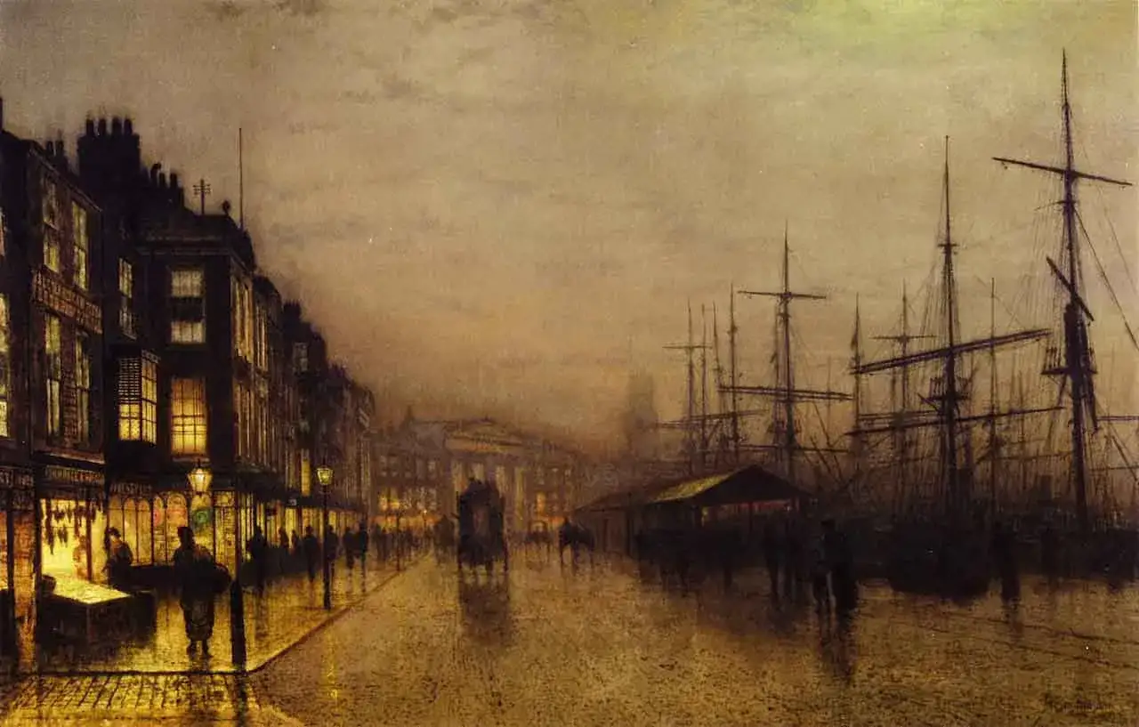 A foggy evening street scene by John Atkinson Grimshaw, with gaslight illuminating shops and wet cobblestones, while ships loom in the misty harbor.