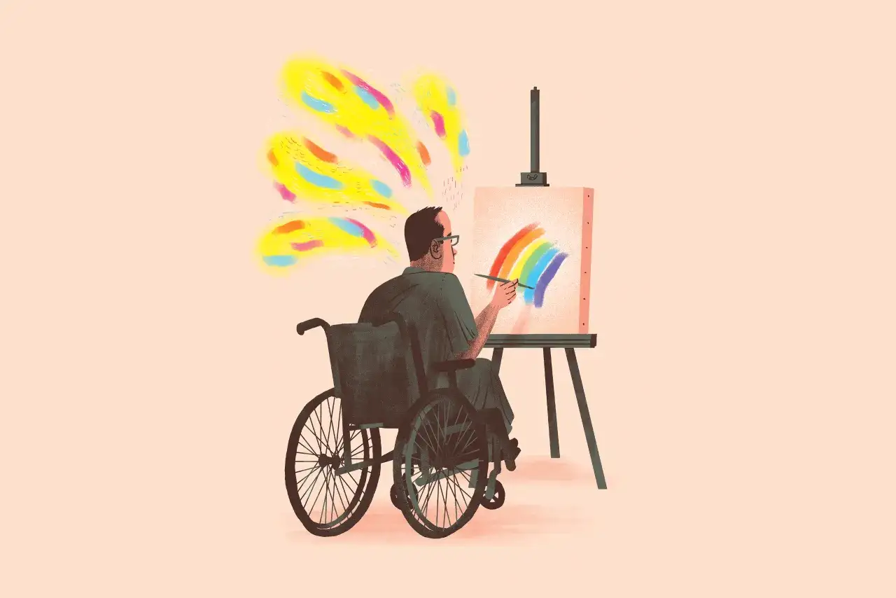 A person in a wheelchair paints a rainbow, their imagination bursting with colorful ideas, a scene reminiscent of famous medical paintings celebrating creativity.