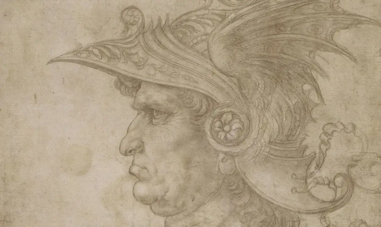 A detailed silver drawing of a man's profile, wearing an ornate helmet with feathered accents.