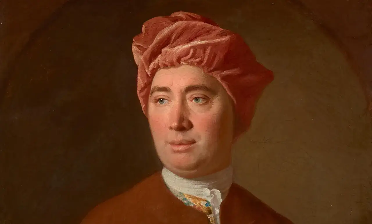 A David Hume portrait shows the philosopher in a red turban and brown coat, with a thoughtful gaze.