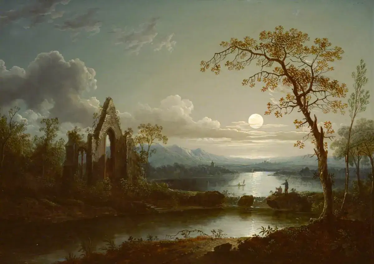 Moonlit lake with ancient ruins and a lone figure, a classic example of gothic romanticism art.