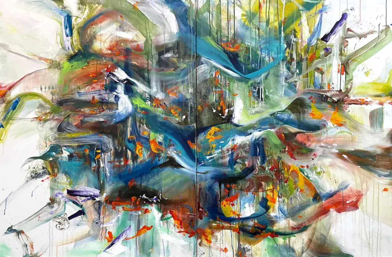 Vibrant abstract art examples explode with energetic brushstrokes of blues, greens, and oranges, evoking a sense of dynamic movement and organic forms.