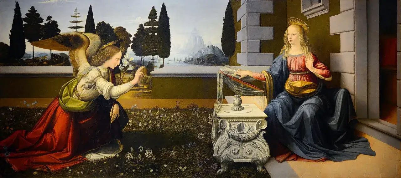 The Annunciation, a famous painting of the Virgin Mary, depicts the Archangel Gabriel kneeling before her, presenting a lily.