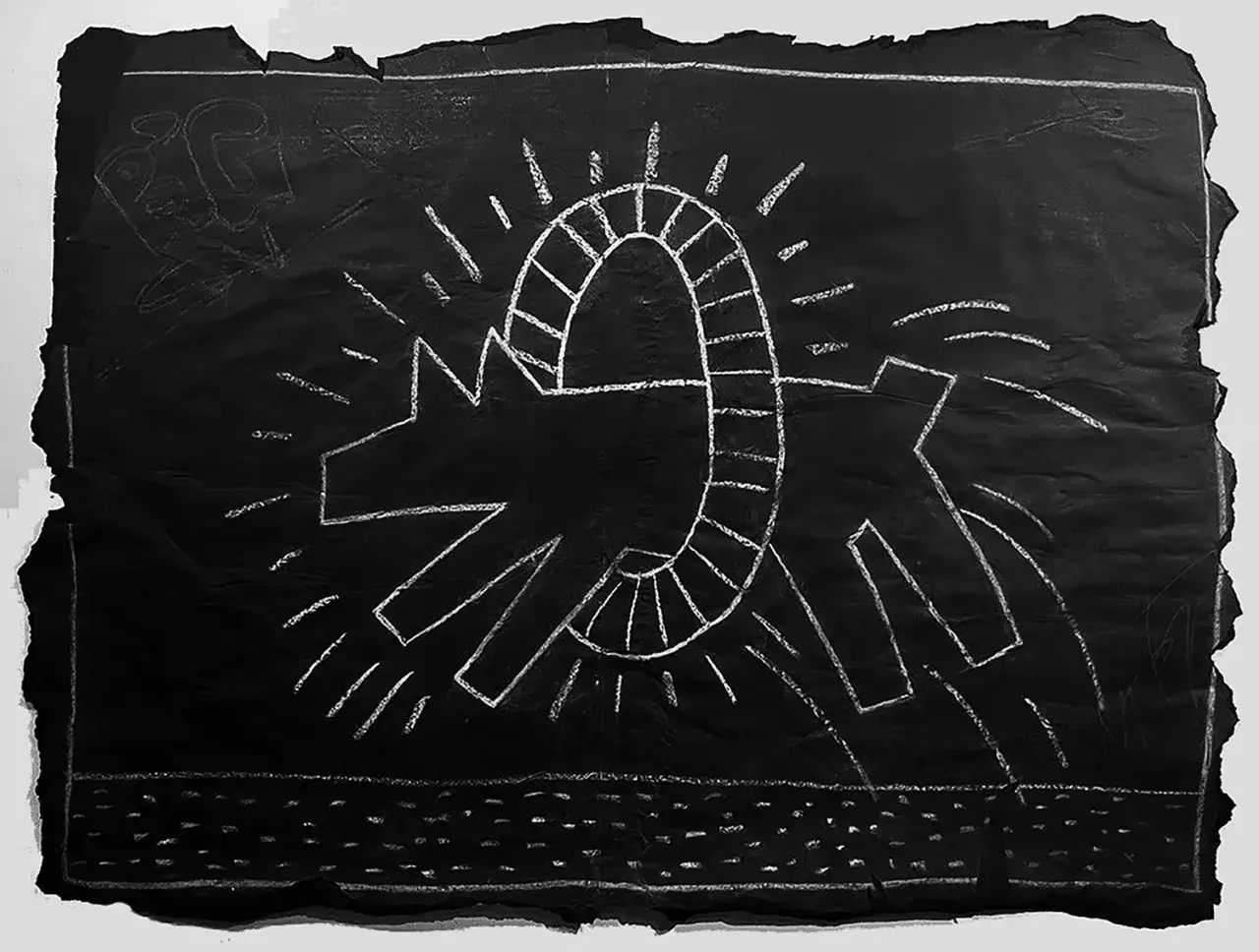 A black paper with white chalk drawing in the style of Keith Haring subway art. A radiant sun-like circle is central, with jagged shapes and lines radiating outwards.