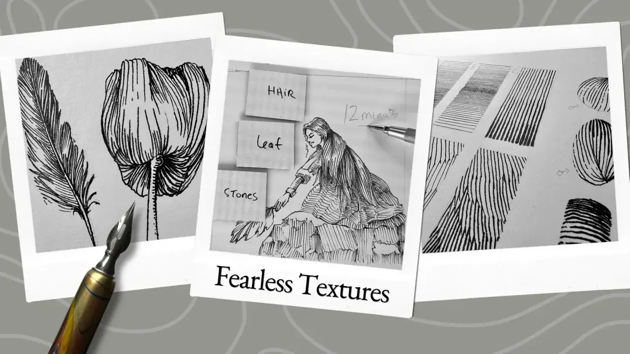 Pen and ink drawings showcase textures of feathers, flowers, hair, leaves, stones, and abstract lines.