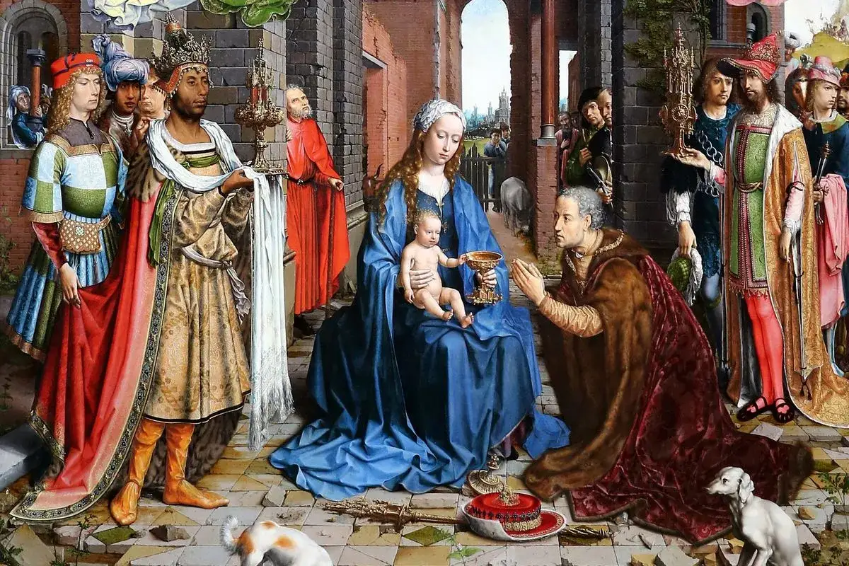 A detailed nativity painting by a famous artist depicts the Adoration of the Magi. Mary holds the Christ child, while kings offer gifts.