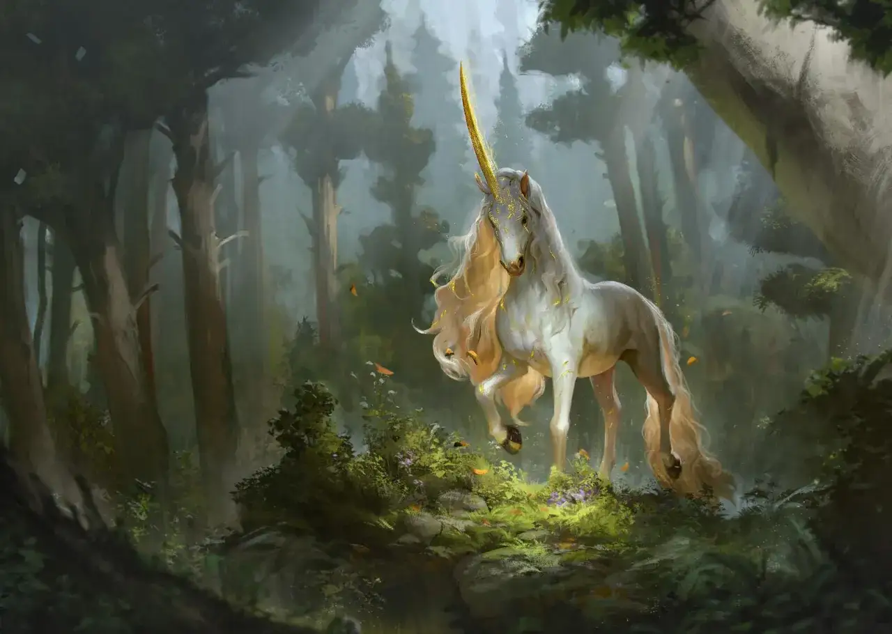 A majestic white unicorn with a golden horn stands in a misty forest clearing. Its mane and tail are long and flowing, adorned with golden flecks. The unicorn appears to be in captivity, its gaze wistful.