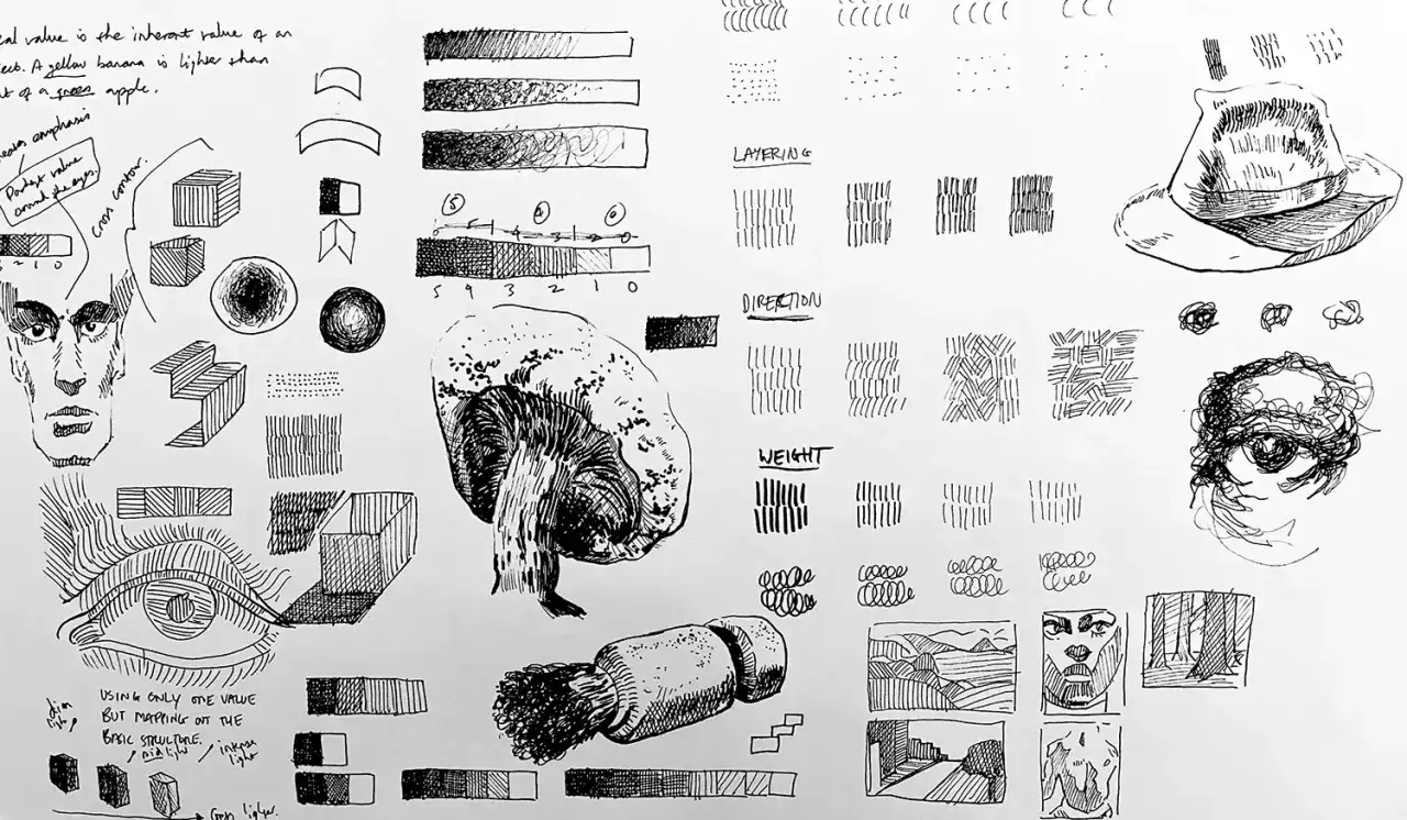 A collection of pen and ink techniques, including shading, layering, direction, and weight studies, with drawings of a face, eye, hat, and mushroom.
