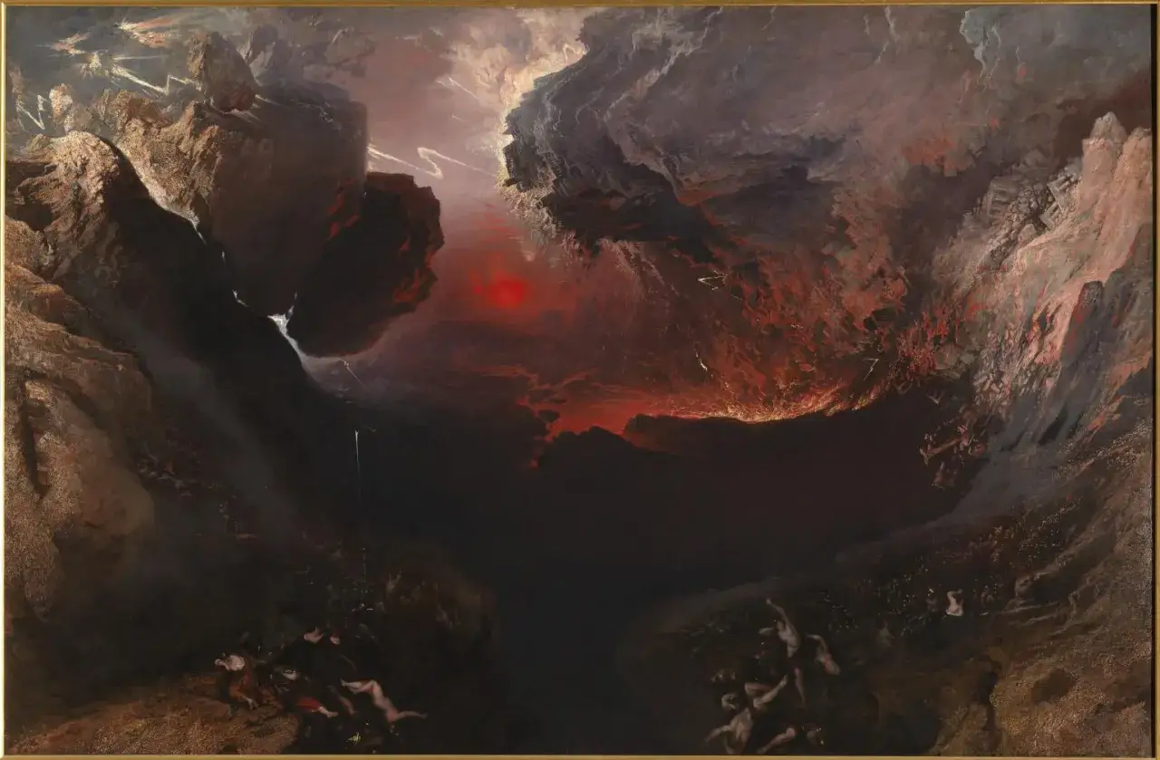 John Martin painter's dramatic depiction of the Great Day of Wrath, with fiery skies, falling rocks, and tiny figures fleeing a cataclysm.