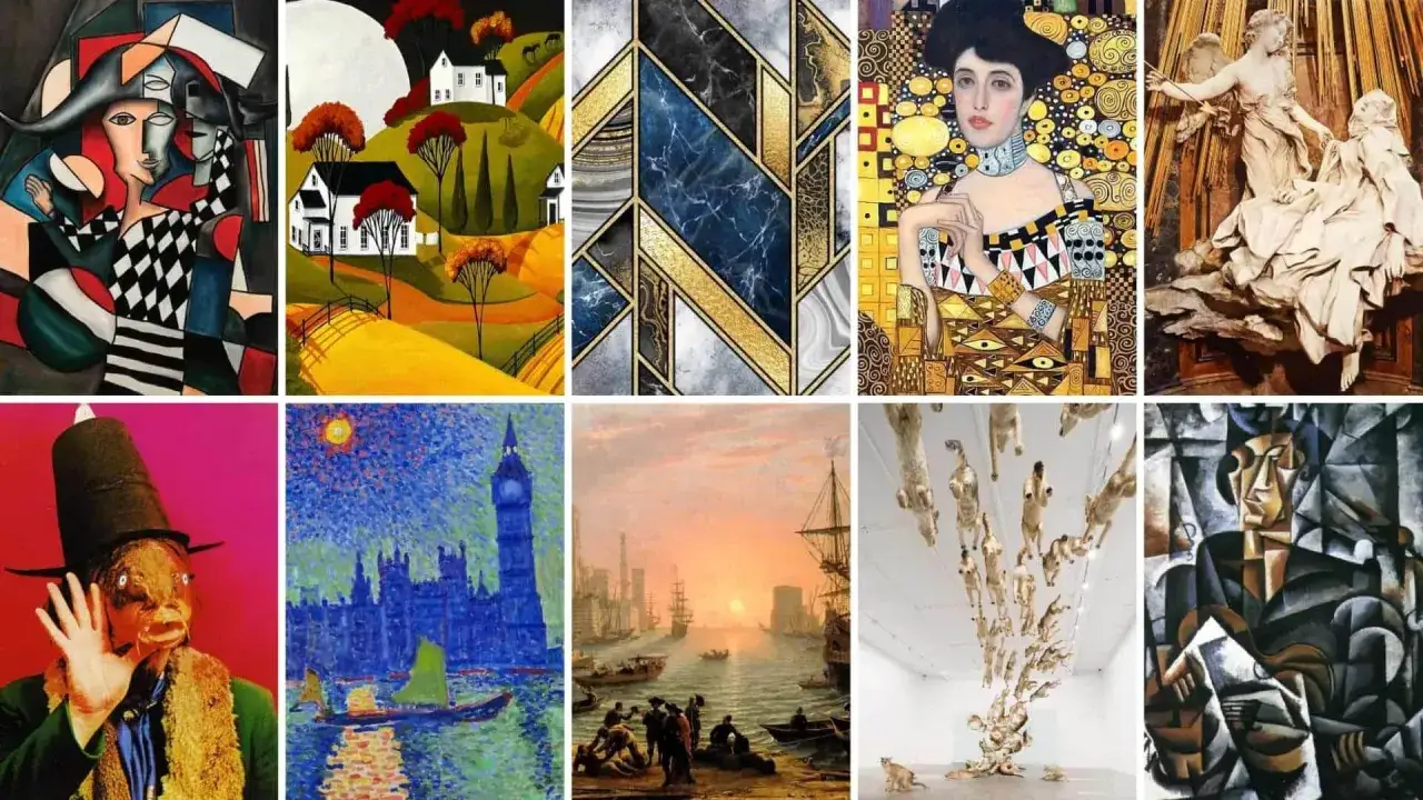 A collage of diverse artworks, from cubist portraits to abstract designs, offering inspiration on how to write about art.