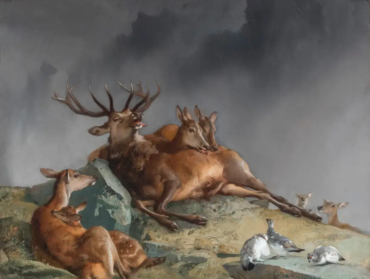 A dramatic scene of deer and birds, reminiscent of Edwin Landseer paintings, unfolds under a stormy sky.