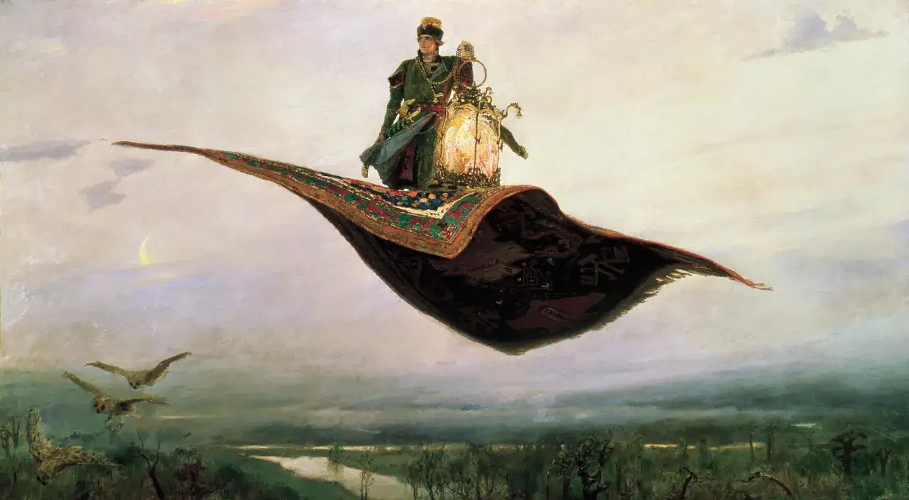 A figure in ornate attire rides a flying carpet, a classic motif in orientalism art. Below, a misty landscape with birds in flight.