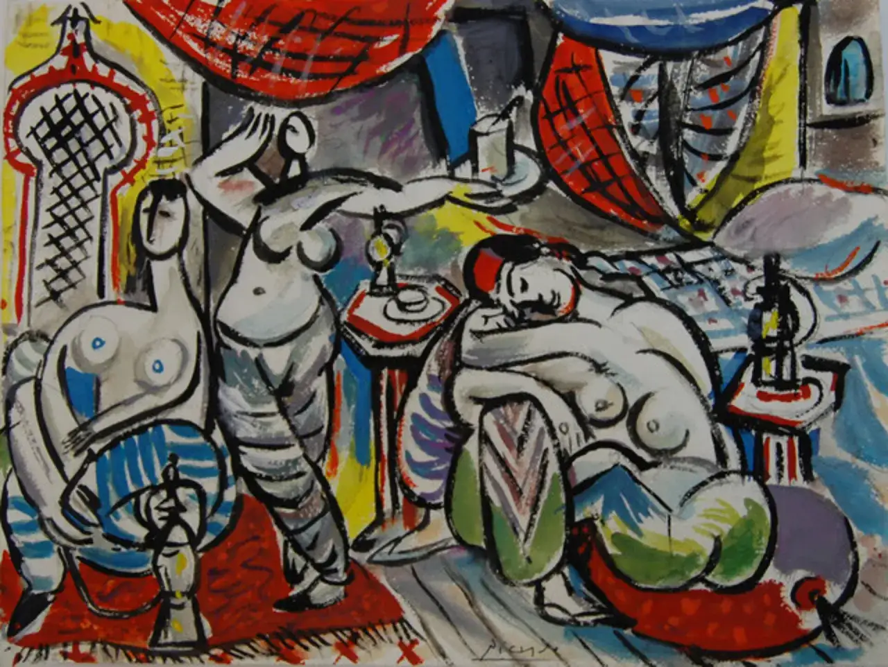 A vibrant, cubist-inspired painting depicts