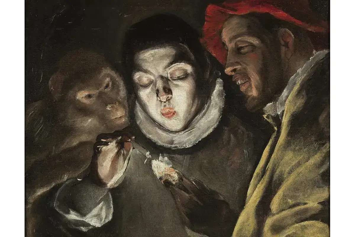 A monkey, a boy with closed eyes, and a man in a red cap, illuminated by candlelight. This scene evokes the dramatic chiaroscuro often found in El Greco's meaning.