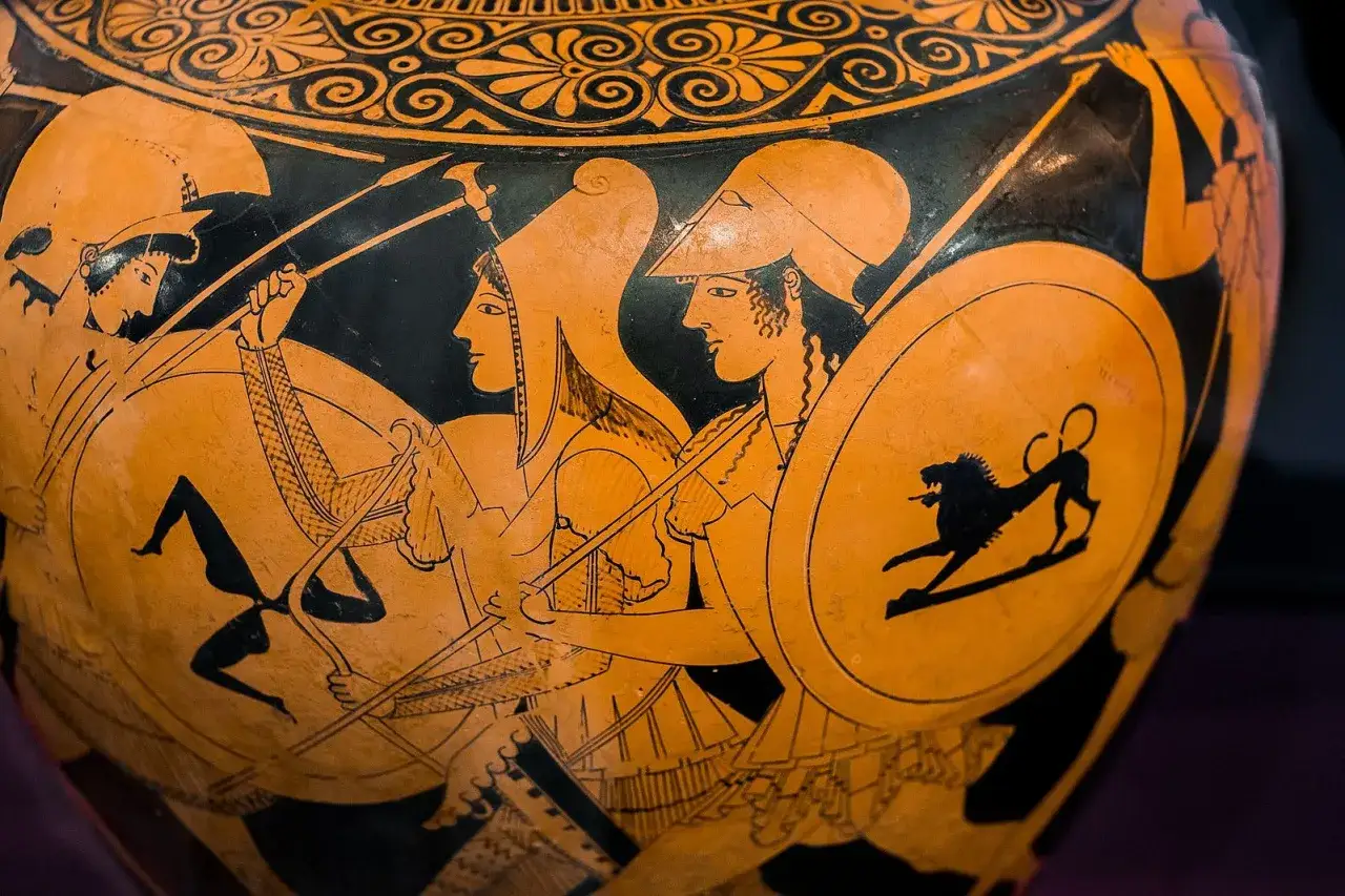 Ancient Greek vase depicts warriors, perhaps evoking mythological female warrior names like Penthesilea.