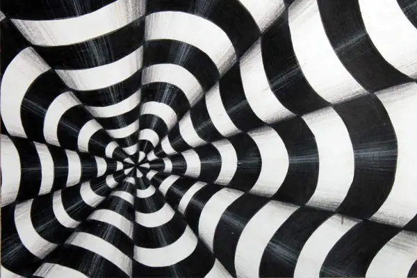 A black and white optical illusions art piece featuring a swirling vortex of curved stripes that create a sense of depth and movement.