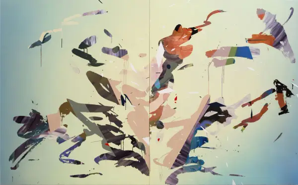 An abstract painting with bold brushstrokes in earthy tones and vibrant accents against a soft, gradient background.